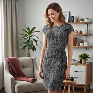 Halston Dress Womens Medium Abstract Tie Waist Stretch Knit Short Sleeve